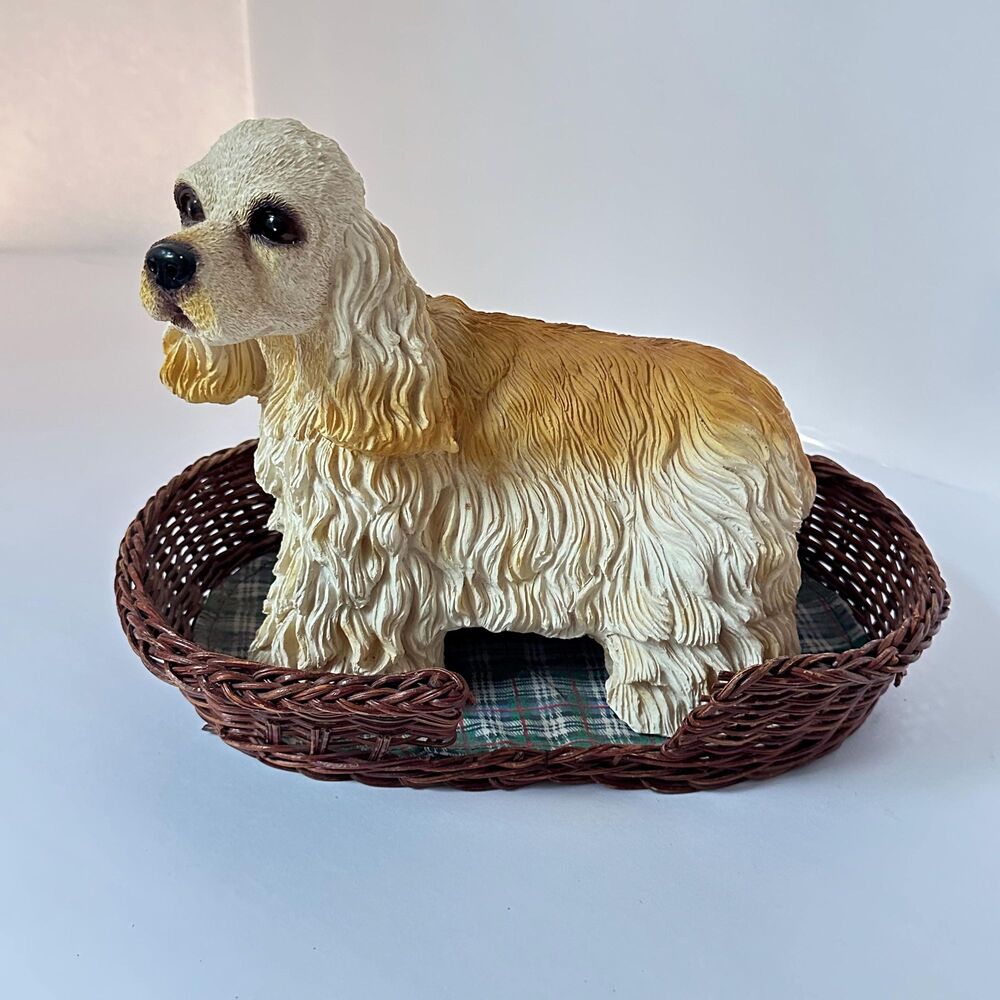 Vintage Cocker Spaniel Dog Figurine in Wicker Basket Bed Statue Plaid Mat